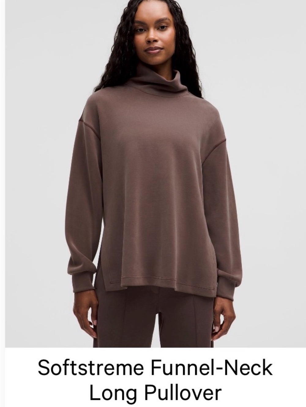Funnel-Neck Long Pullover, High Rise straight leg cropped pants - Brown